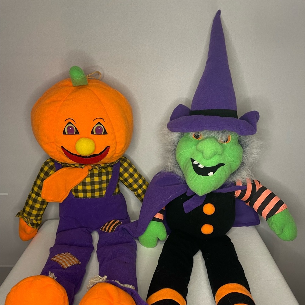 Halloween Vintage Stuffins JACK O'LANTERN Scarecrow and Witch Plush Dolls